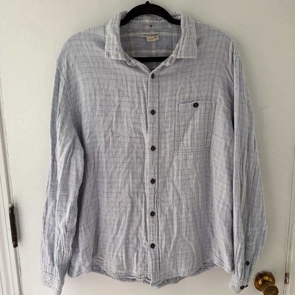 Carbon 2 Cobalt Men’s L Button Up Shirt Blue Plaid 100% Cotton Casual Top